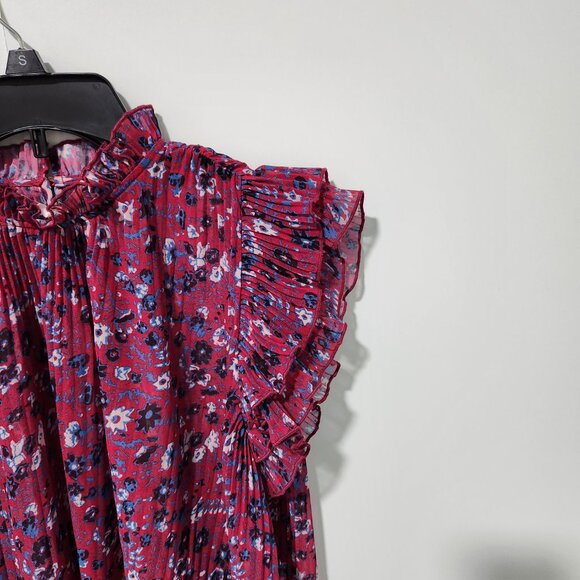 Anthropologie Frieda Sheer Pleated Short Sleeve Pink with Floral Blouse- Small - Picture 5 of 8